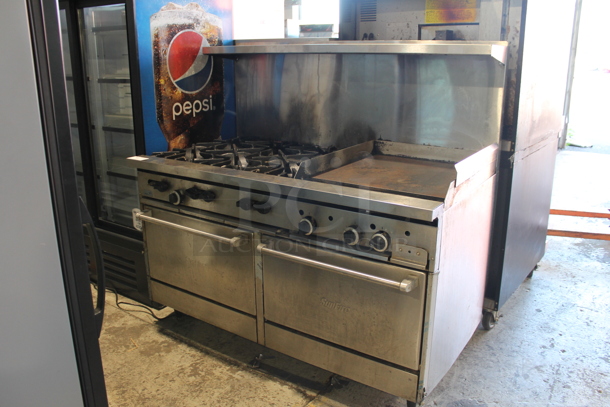 Garland SunFire Stainless Steel Commercial Natural Gas Powered 6 Burner Range w/ Right Side Flat Top Griddle, 2 Ovens, Over Shelf and Back Splash.  - Image 1 of 9