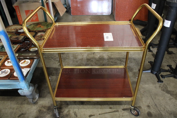 Gold Finish and Wood Pattern 2 Tier Cart w/ Push Handles on Commercial Casters. 28x14x28