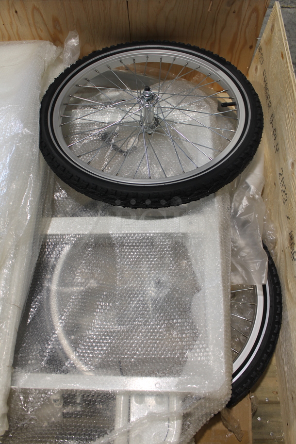 BRAND NEW SCRATCH AND DENT! 91546660 White Front Load Ice Cream Tricycle Bike with White Wooden Box. Missing a Wheel and Handlebars. - Image 4 of 5