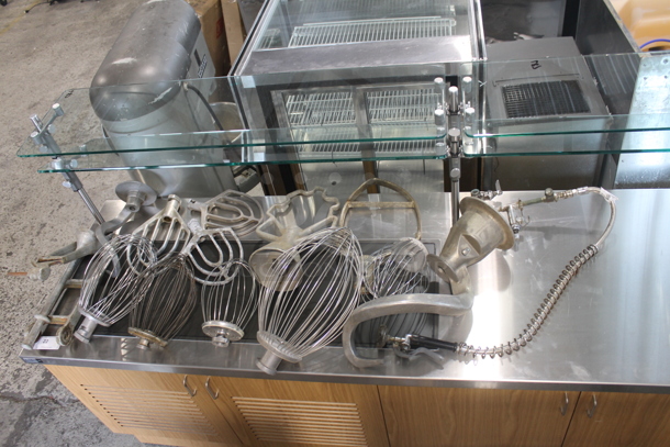 ALL ONE MONEY! Lot of Mixer Attachments Including Variety of Whisks, Dough Hooks, Paddles, Donut Fryer Arm, Faucet with Gooseneck AND MORE! Attachments are for 20, 30, 60 and 80 Quart Mixers