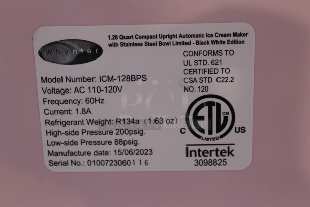BRAND NEW SCRATCH AND DENT! Whynter ICM-128BPS Upright Automatic Ice Cream Maker LCD Digital Display. 115 Volts, 1 Phase. Tested and Working!
 - Image 3 of 3