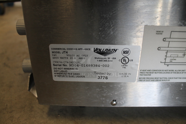 BRAND NEW SCRATCH AND DENT! Vollrath JT4 Stainless Steel Commercial Countertop Electric Powered Dual Conveyor Toaster with 1 1/2"-3" and 1 1/2" Openings. 240 Volts, 1 Phase.  - Image 6 of 6