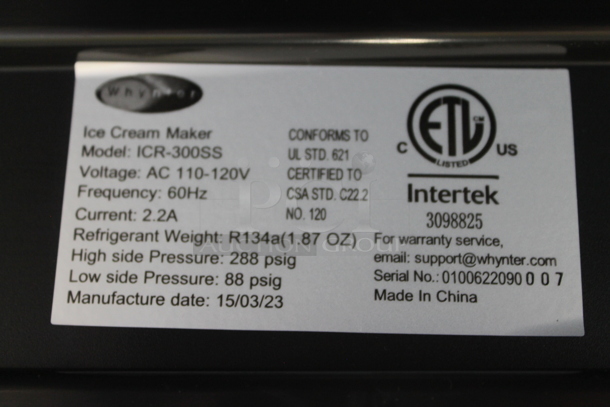 BRAND NEW SCRATCH AND DENT! Whynter ICR-300SS Stainless Steel Commercial Countertop Portable Instant Automatic Compressor Ice Cream Maker Frozen Pan Roller. 110-120 Volts, 1 Phase. Tested and Working! - Image 6 of 6