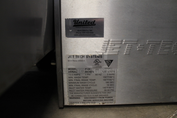 2014 Jet Tech F-14 Stainless Steel Commercial Undercounter Dishwasher. 120 Volts, 1 Phase. - Image 4 of 5