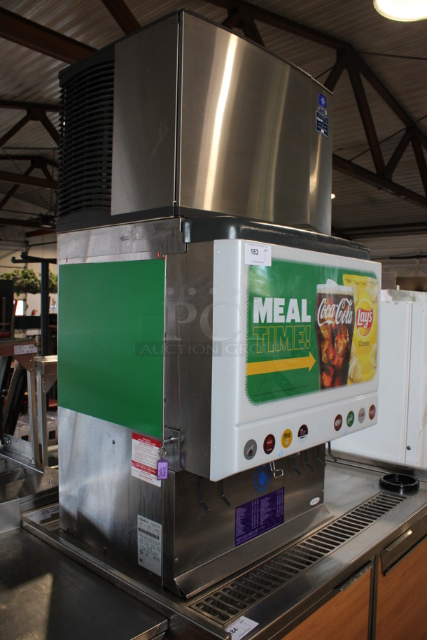 Manitowoc Model SY0454A Stainless Steel Commercial Air Cooled Ice Machine Head on Cornelius Model ED250-BCZ Stainless Steel Commercial 8 Flavor Carbonated Beverage Machine. 115 Volts, 1 Phase. 30x32x61  - Image 3 of 7