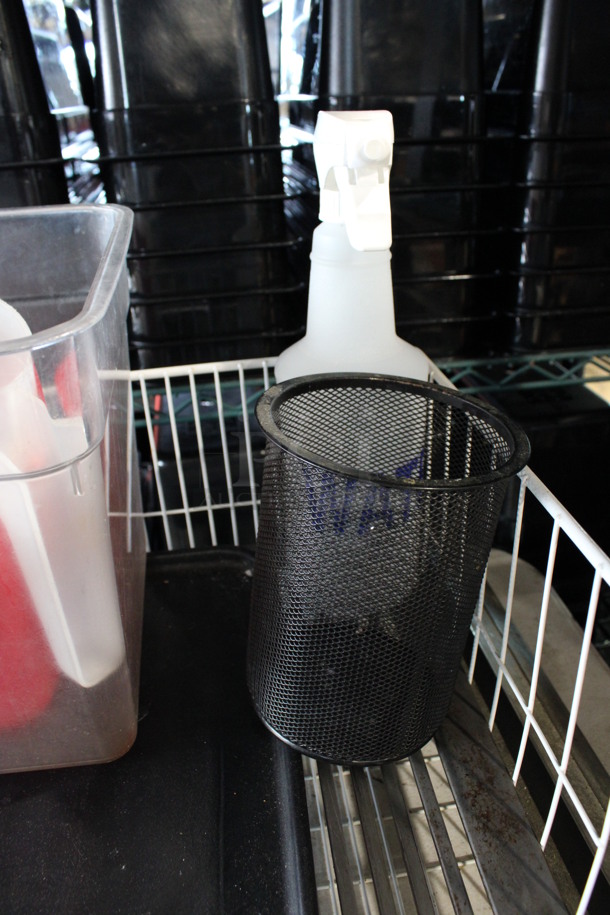 ALL ONE MONEY! Lot of Various Items Including Clear Poly 8 Quart Bin, Black Mesh Pencil Holder, Red Bin, Spray Bottle in White Wire Basket! - Image 3 of 5