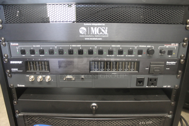 7 Electronic Rack Units in Black Metal Cabinet; Middleby Atlantic Power Center, Crestron Control Processor, Crestron Volume Tone Control, Crown CTs 600, Extron AAP 301 Interface Extron Media Presentation Switcher, Shure P4800 System Processor. 7 Times Your Bid!   - Image 3 of 12