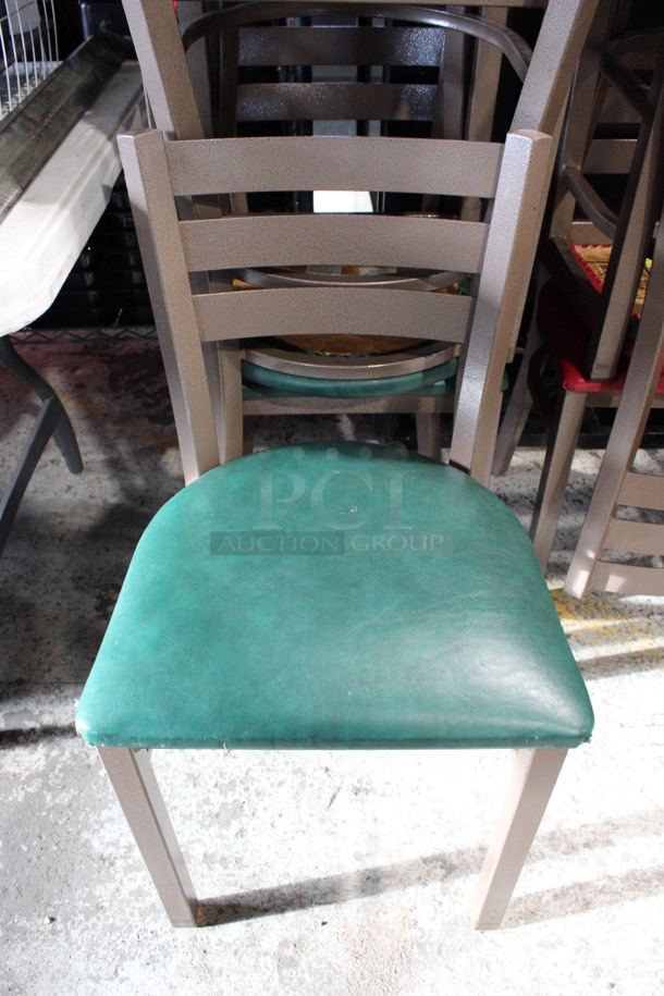 5 Brown Metal Dining Chairs w/ Green Seat Cushion. 16x17x32. 5 Times Your Bid!