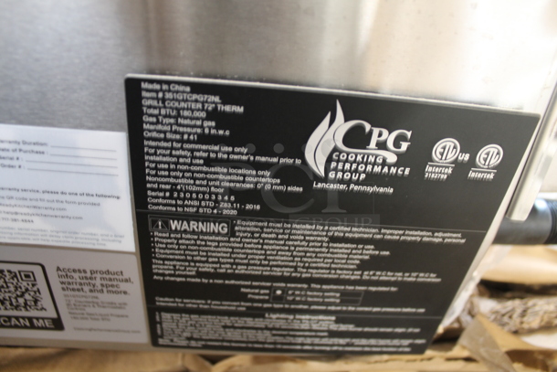 BRAND NEW SCRATCH AND DENT! 2023 Cooking Performance Group CPG 351GTCPG72NL Stainless Steel Commercial Countertop Natural Gas Powered Flat Top Griddle w/ Thermostatic Controls. 180,000 BTU. - Image 6 of 6