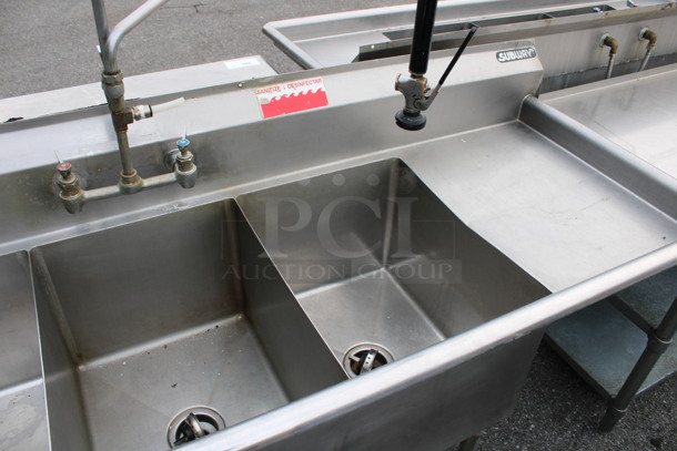 Duke Stainless Steel Commercial 3 Bay Sink w/ Dual Drainboards, Faucet, Handles and Spray Nozzle Attachment. 84x27x44. Bays 16x21x14. Drainboards 16x23x1 - Image 6 of 6