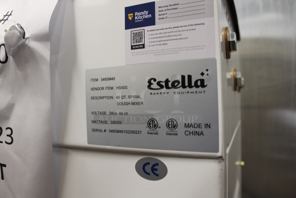 BRAND NEW SCRATCH AND DENT! Estella 348SM40 Metal Commercial Floor Style 40 Quart Spiral Dough Mixer w/ Stainless Steel Mixing Bowl, Bowl Guard and Dough Hook. 240 Volts, 1 Phase. Tested and Working! - Image 7 of 7