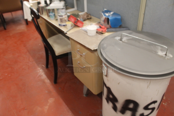 ALL ONE MONEY! Lot of Various Items Including Tan Metal 5 Drawer Desk w/ Contents, Trash Can and Chair. BUYER MUST REMOVE. - Image 3 of 6