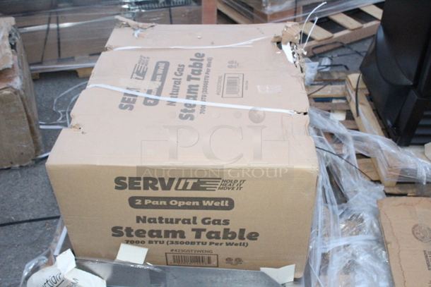 BRAND NEW SCRATCH & DENT! ServIt GST-2WE-NG Two Pan Open Well Natural Gas Steam Table with Undershelf - 7000 BTU 29 5/16 x 30 3/16 x 34. Original packaging is damaged.  - Image 4 of 5