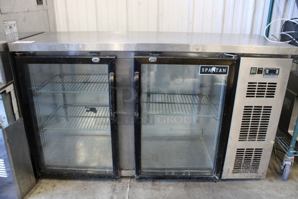 Spartan Model SGBB-58 Stainless Steel Commercial 2 Door Back Bar Cooler Merchandiser. 115 Volts, 1 Phase. 58x21x34. Tested and Powers On But Does Not Get Cold