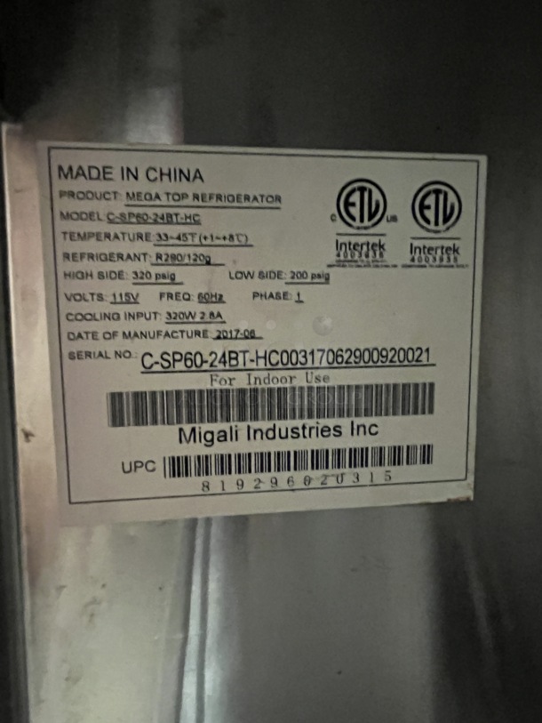 Migali 2 Dr. Refrigerated Mega Top, 115V  - Image 3 of 3