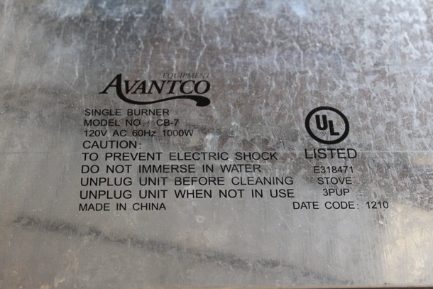 IN ORIGINAL BOX! Avantco CB-7 Stainless Steel Commercial Single Burner Range. 120 Volts, 1 Phase. - Image 4 of 7