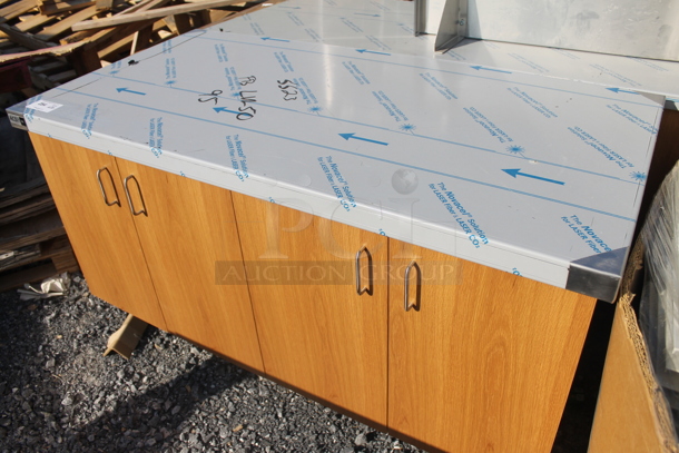 BRAND NEW! Stainless Steel Counter w/ 4 Wood Pattern Doors. - Image 1 of 6