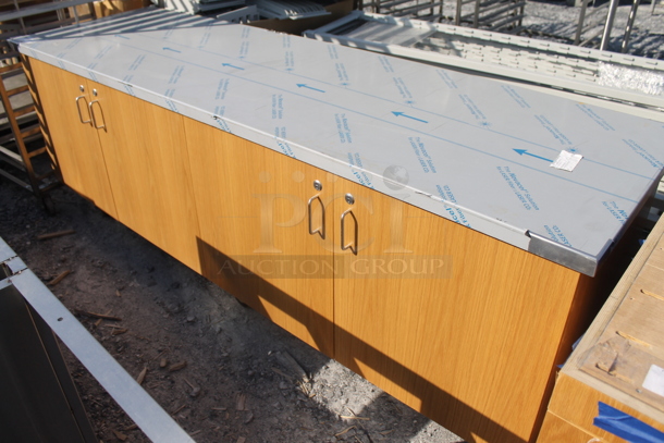 BRAND NEW! ACS FAB LLC Stainless Steel Counter w/ 4 Wood Pattern Doors on Commercial Casters. - Image 1 of 7