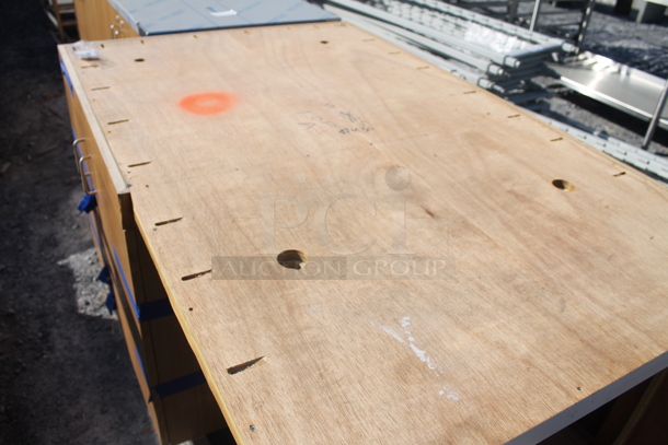 BRAND NEW! ACS FAB LLC Stainless Steel Counter w/ 2 Wood Pattern Doors on Commercial Casters. - Image 4 of 6