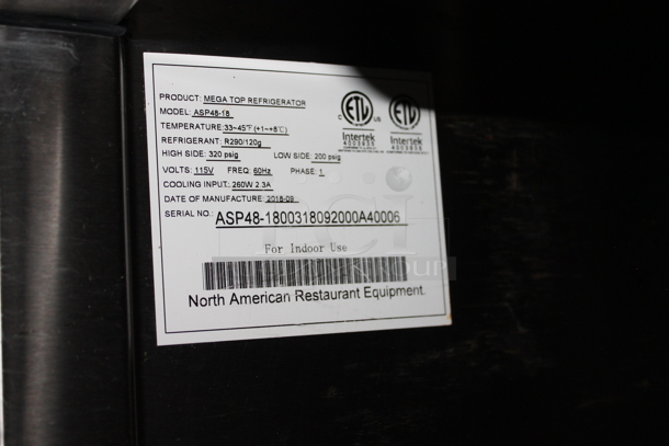 2018 Atosa ASP48-18 Stainless Steel Commercial Sandwich Salad Prep Table Bain Marie Mega Top w/ Stainless Steel Drop In Bins and 2 Tier Over Shelf on Commercial Casters. 115 Volts, 1 Phase. Tested and Working! - Image 5 of 9