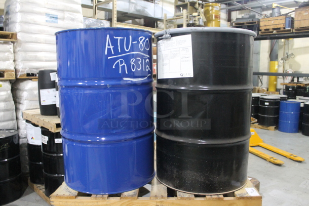 ALL ONE MONEY! PALLET LOT of 3 Metal Barrels; Tri-rez Polyeester Resin, Anti-terra-U 80. BUYER MUST REMOVE. - Image 1 of 9