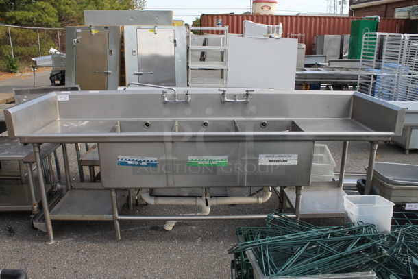 Stainless Steel Commercial 3 Bay Sink w/ Dual Drain Boards, Faucet, 2 Handles and 2 Under Shelves. Bays 20x26. Bays 21x28 - Image 1 of 6