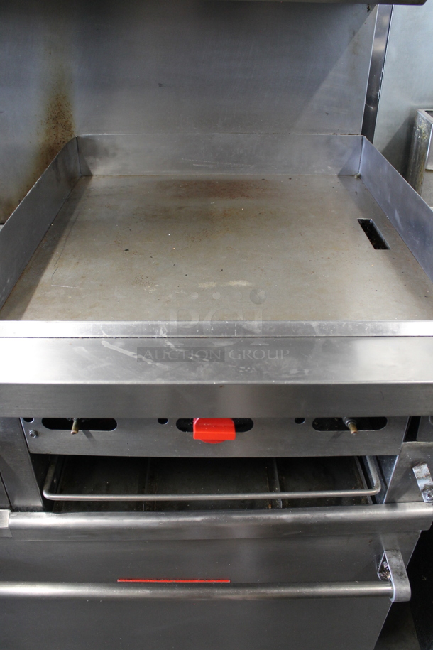 Vulcan Stainless Steel Commercial Natural Gas Powered 6 Burner Range w/ Flat Top, 2 Ovens, Over Shelf and Back Splash.  - Image 3 of 11