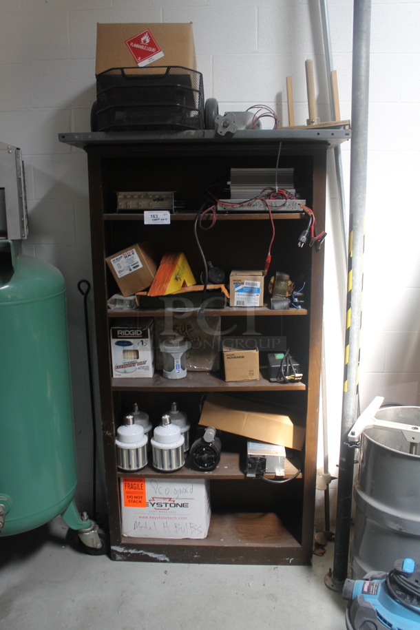 Brown Wood Pattern 6 Tier Shelving Unit w/ Contents Including Filters. BUYER MUST REMOVE. - Image 1 of 7