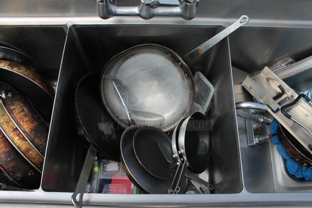 Stainless Steel Commercial 3 Bay Sink w/ Dual Drain Boards, Faucet and Handles. Comes w/ Contents! Bays 18x18. Drain Boards 16.5x20.5 - Image 6 of 10