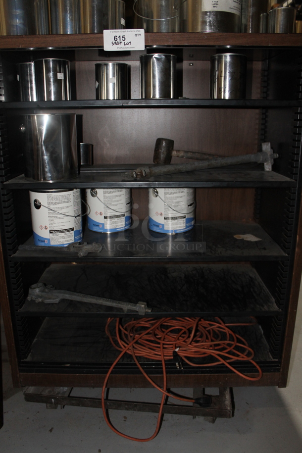 Wood Pattern Shelving Unit w/ Contents Including Metal Tins and Extension Cord. - Image 3 of 7