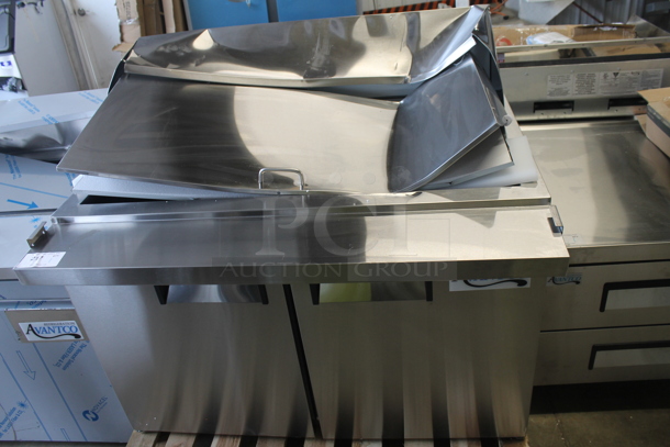 BRAND NEW SCRATCH AND DENT! 2023 Avantco 178APT48MHC Stainless Steel Commercial Sandwich Salad Prep Table Bain Marie Mega Top on Commercial Casters. 115 Volts, 1 Phase. Tested and Working!