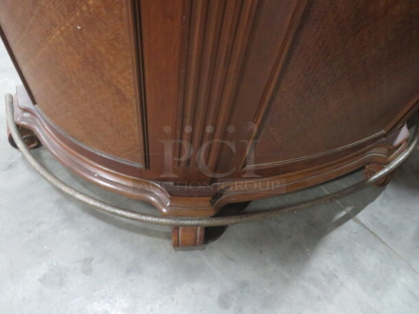 One Wooden Half Circle Bar With 2 Doors, 2 Drawers, 3 Wine Holder Racks, Footrail, And Black Granite Top. NICE!!! 69.5X28X52 - Image 3 of 7