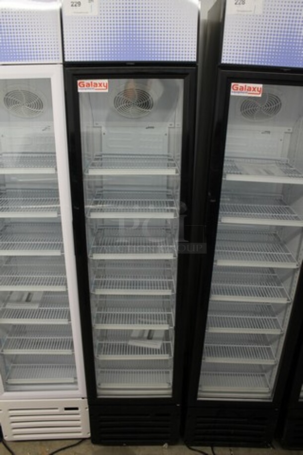 BRAND NEW SCRATCH AND DENT! Galaxy 177GDN5RBB Metal Commercial 16 1/2" Black Swing Glass Door Merchandiser Refrigerator with Red, White, and Blue LED Lighting. 115 Volts, 1 Phase. Tested and Working! - Image 2 of 5
