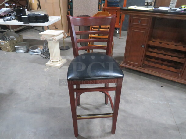 Wooden Bar Height Chair With Black Cushioned Seat And Footrest. 2XBID