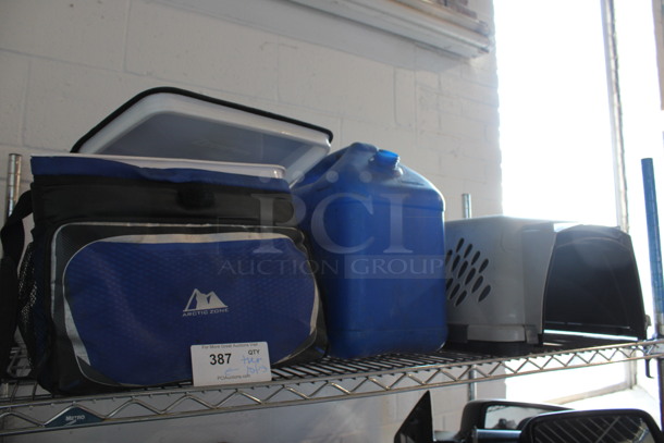 ALL ONE MONEY! Lot of Various Items Including Cat Cage, Blue Gas Can and Blue Portable Cooler!