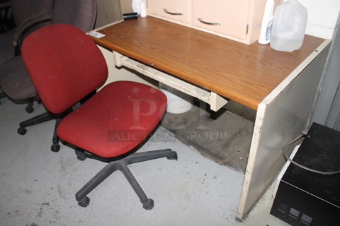 Wood Pattern Desk w/ Red Office Chair and Bucket. Does Not Include Contents.