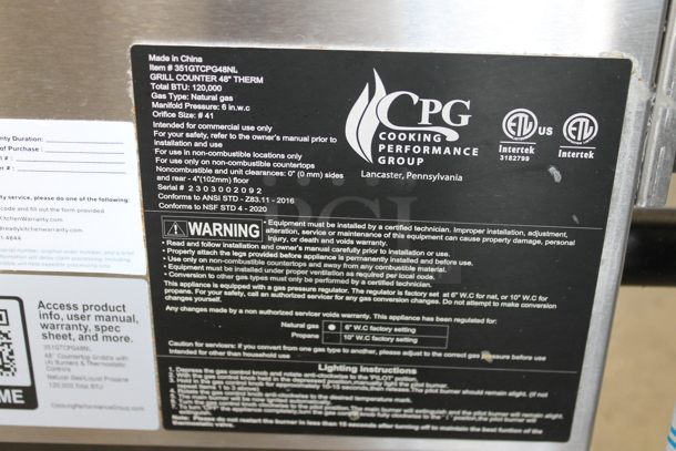 BRAND NEW SCRATCH AND DENT! 2023 Cooking Performance Group CPG 351GTCPG48NL Stainless Steel Commercial Countertop Natural Gas Powered Flat Top Griddle w/ Thermostatic Controls. 120,000 BTU.  - Image 5 of 5