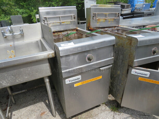 One Stainless Steel Natural Gas FRYMASTER Deep Fryer With 2 Baskets. Model# MJCFSE. 21X36X49