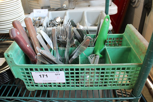 ALL ONE MONEY! Lot of Various Silverware in Green Poly Silverware Caddy!