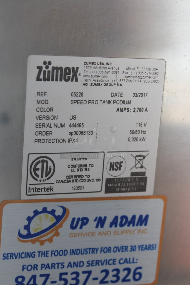 2017 Zumex Speed Pro Tank Podium Stainless Steel Commercial Floor Style Citrus Juicer on Commercial Casters. Comes w/ Extra Pieces: See Pictures For Details! 115 Volts, 1 Phase. Powers On But Parts Do Not Move - Image 11 of 11