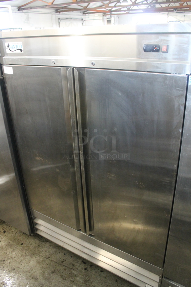 Avantco 178CFD2RR Stainless Steel Commercial 2 Door Reach In Cooler w/ Poly Coated Racks on Commercial Casters. 115 Volts, 1 Phase. Tested and Working! - Image 1 of 7