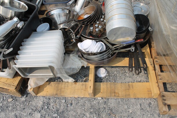 ALL ONE MONEY! Lot of Frying Pans, Drop-In Bins, Cake Pans, Salt And Pepper Shakers, Small White Bowls, Whisks, Tongs, AND MORE!  - Image 4 of 6