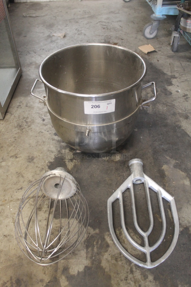 ALL ONE MONEY! Lot of Metal Mixing Bowl w/ Whisk and Paddle Attachment. Appears To Be 30 Quart. - Image 1 of 10