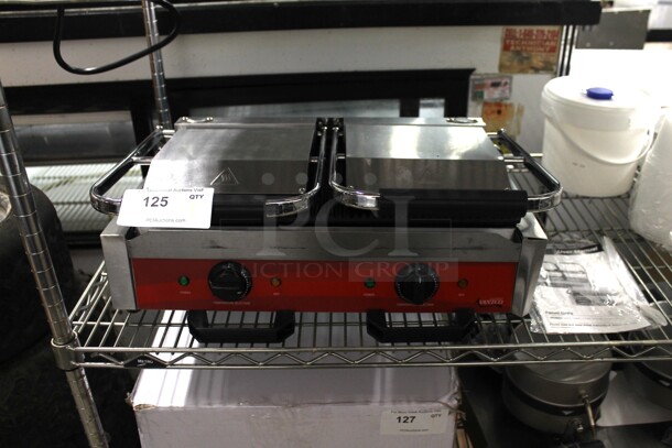BRAND NEW SCRATCH AND DENT! 2022 Avantco 177P84 Stainless Steel Commercial Countertop Electric Powered Double Panini Press. 120 Volts, 1 Phase. Tested and Working!