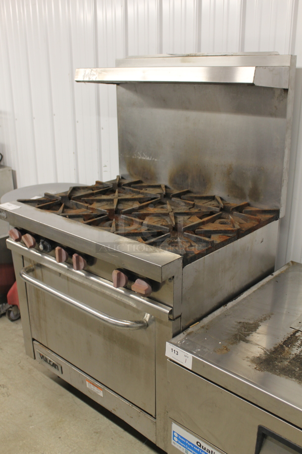 Vulcan Commercial Stainless Steel 6 Natural Gas Powered Burner Range With Standard Oven, Overshelf And Steel Racks.  - Image 3 of 6