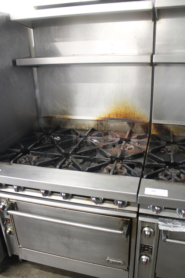 Jade Range JTHR-6-36C Stainless Steel Commercial Natural Gas Powered 6 Burner Range w/ Convection Oven, 2 Tier Over Shelf and Back Splash on Commercial Casters. 35,000 BTU. - Image 3 of 9