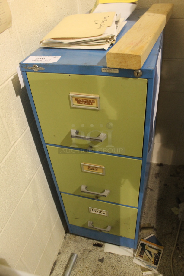 Metal Green and Blue 3 Drawer Filing Cabinet w/ Contents. BUYER MUST REMOVE. - Image 1 of 2