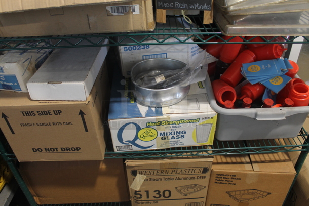ALL ONE MONEY! Lot of Steam Table Aluminum Pans, Ketchup Squeeze Bottles, Mixing Glasses, Carafes, Foil Laminated Board Lids AND MORE! Metro Shelf Not Included - Image 5 of 6