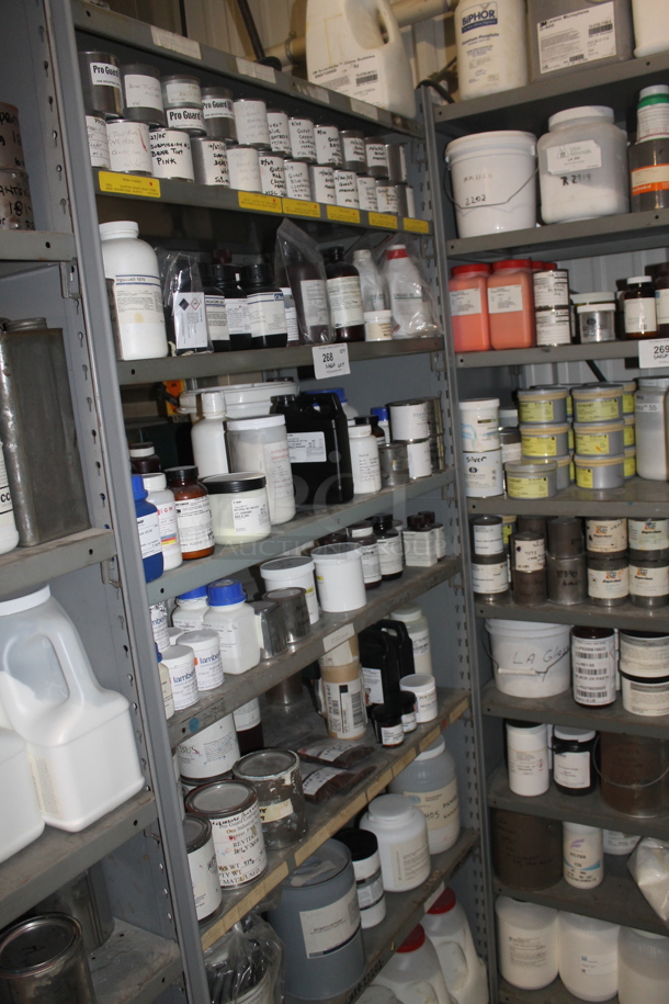 Gray Metal Shelving Unit w/ Contents Including Chemicals. BUYER MUST REMOVE. - Image 1 of 9