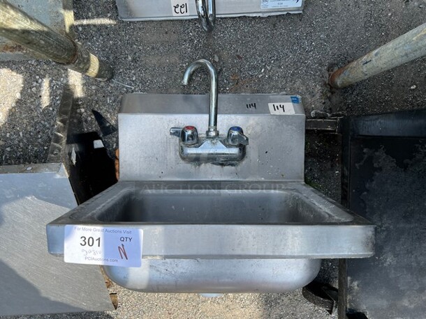 Stainless Steel Single Bay Wall Mount Sink w/ Faucet and Handles. 17x16x22